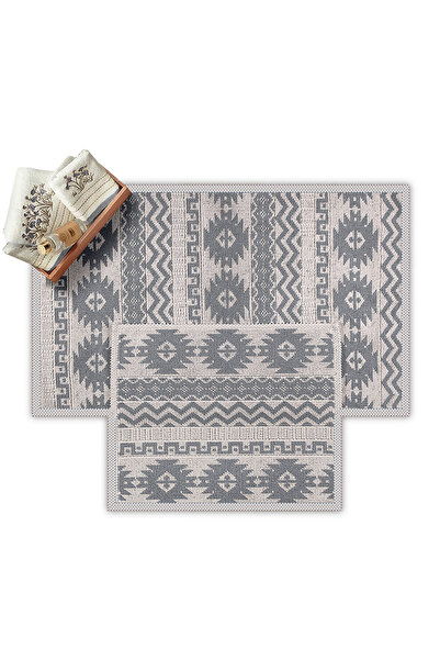 Bluenity Finike Doğal Pamuklu 2'li Banyo Kilim Seti 60x100 50x60 Cm Gri