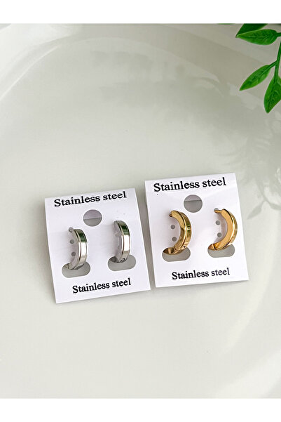 ALEYKA Paslanmaz Çelik Gold Gümüş (2’li) Unısex Minik Halka Küpe