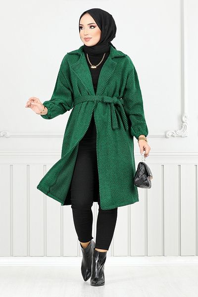 ModaMerve Ριγέ παλτό με σχέδιο ψαροκόκαλο - 211EVO1065-M, Emerald 2