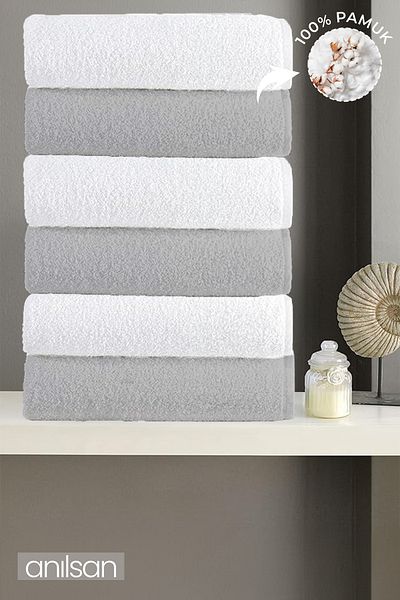 Anılsan Set of 6 Grey-White Spa and Hotel Towels - 50X90 Cm, 100% Cotton