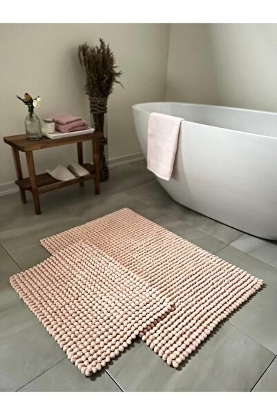 Bluenity طقم سجادة حمام من القطن الطبيعي من بابلز مكون من قطعتين مقاس 60×100+50×60 سم - بودرة