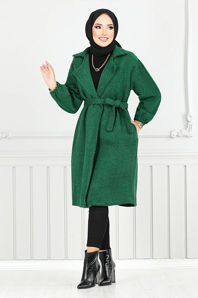 ModaMerve Ριγέ παλτό με σχέδιο ψαροκόκαλο - 211EVO1065-M, Emerald 2