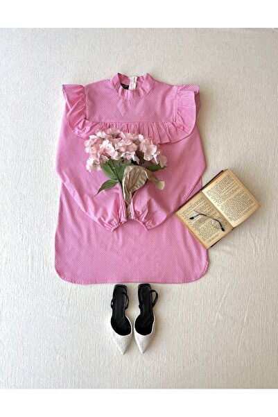KÜÇÜĞÜM BUTİK Kadın Pembe Puantiyeli Tunik Ve Pembe Puantiyeli Yakalı Poplin Kız Çocuk Elbise