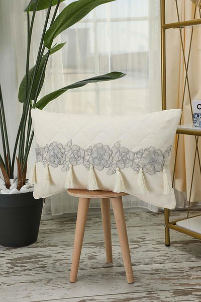 Aisha's Design 50X30 cm Rectangular Glitter Floral Motif and Tassel Throw Pillow Cover - K-436