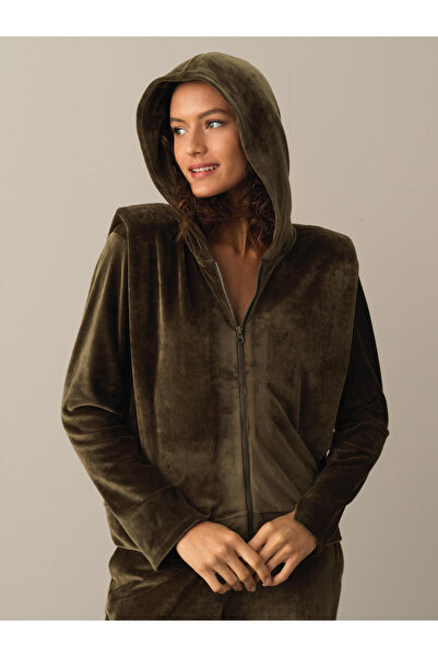 Xint Kadın Haki Esnek Dokulu Regular Fit Soft Kadife Sweatmont