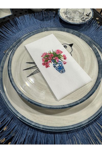 busrasdesign Set of 16 Bleu Blanc Pink Clove Printed Presentation Napkins