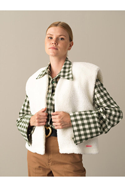 Xint Kadın Beyaz Pamuk Dokulu Oversize Kuzu Yelek