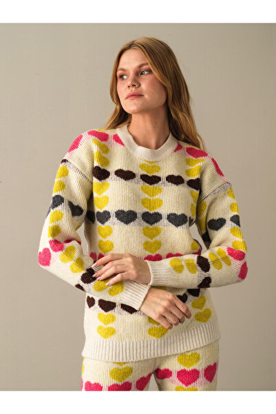 Xint Kadın Sarı Yumuşak Dokulu Oversize Desenli Kazak