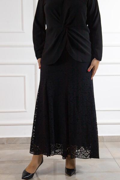 Bedrinxxl Büyük Beden Kadın Siyah Dantel Detaylı Uzun Abiye Etek Şık Magnolya