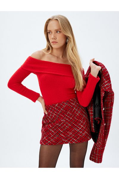 Koton X Sibil Çetinkaya - Slim Fit Long Sleeve Off-The-Shoulder Plush Sweater
