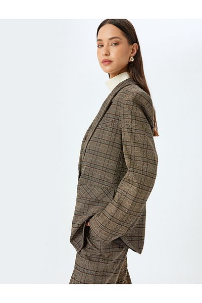 Koton X Sima Tarkan - Plaid Double Breasted Blazer Jacket with Flap Pocket Detail
