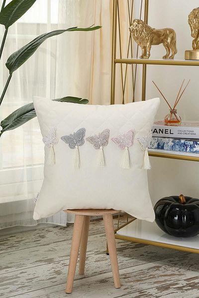 Aisha's Design 45X45 cm Butterfly Accessory and Tufted Square Throw Pillow - K-435