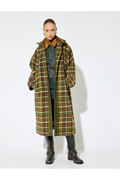 Koton Extra Long Plaid Oversized Cashmere Coat with Faux Leather Detail