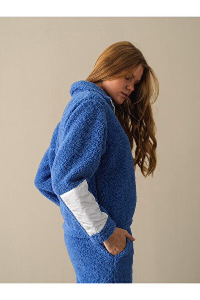 Xint Kadın Mavi Pamuk Dokulu Oversize Polar Sweatmont