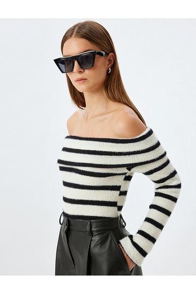 Koton X Sibil Çetinkaya - Slim Fit Long Sleeve Off-The-Shoulder Plush Sweater