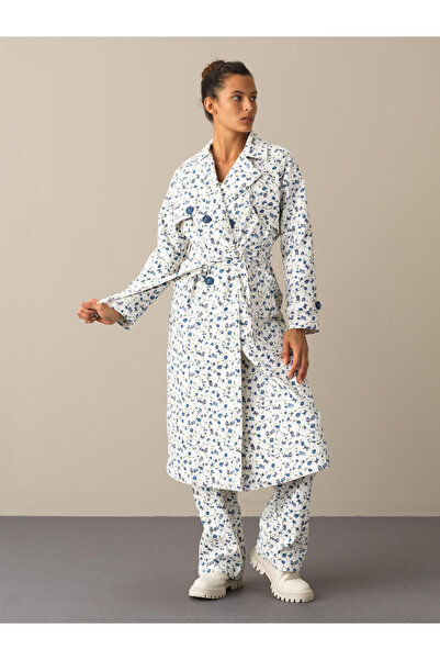 Xint Kadın Mavi Pamuk Dokulu Oversize Trençkot