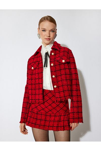 Koton X Sibil Çetinkaya - Pocket Detailed Long Sleeve Pearl Button Detailed Short Tweed Jacket