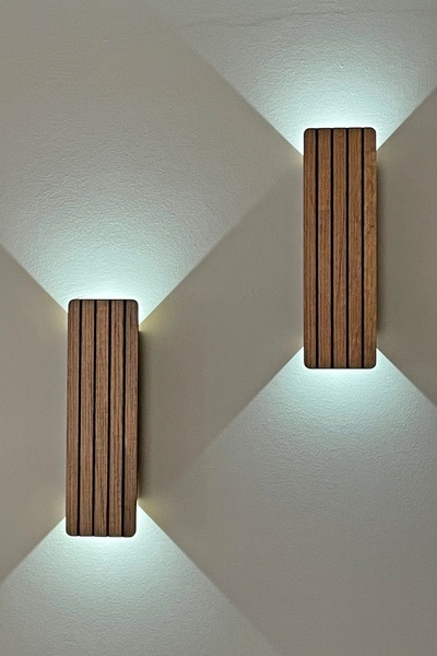 Emriba 2 Adet Ahşap Pilli Dekoratif Duvar Aydınlatması Aplik Gece Lambası (CEVİZ-BEYAZIŞIK)