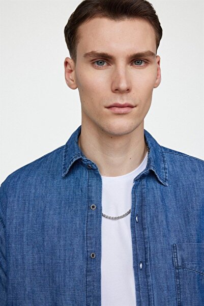 Tudors Klasik Fit Uzun Kollu Rahat Kalıp Tek Cepli Pamuklu Lacivert Gömlek