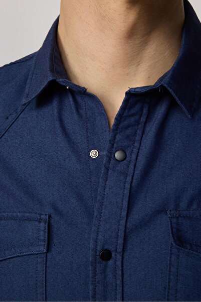 Tudors Slim Fit Uzun Kollu Gündelik Denim Kot Lacivert Erkek Gömlek