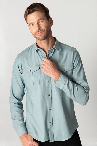 Tudors Slim Fit μακρυμάνικο αθλητικό πέτο που πλένεται με διπλή τσέπη Dobby τζιν τζιν ανδρικό πουκάμισο μέντας