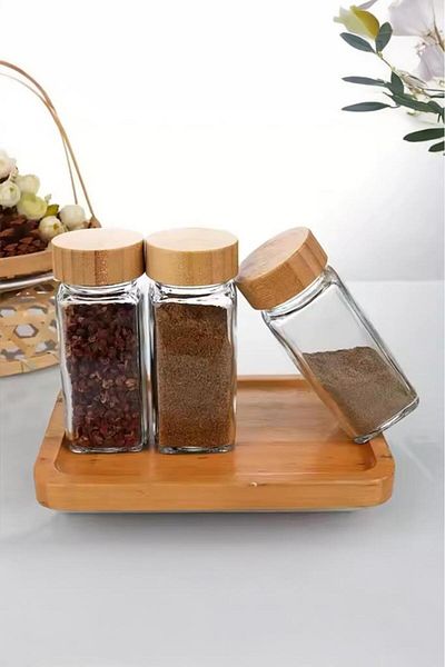 Digithome 125ml Capacity - Glass Square Set with Label and Bamboo Lid C-1-1-18
