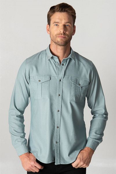 Tudors Slim Fit μακρυμάνικο αθλητικό πέτο που πλένεται με διπλή τσέπη Dobby τζιν τζιν ανδρικό πουκάμισο μέντας