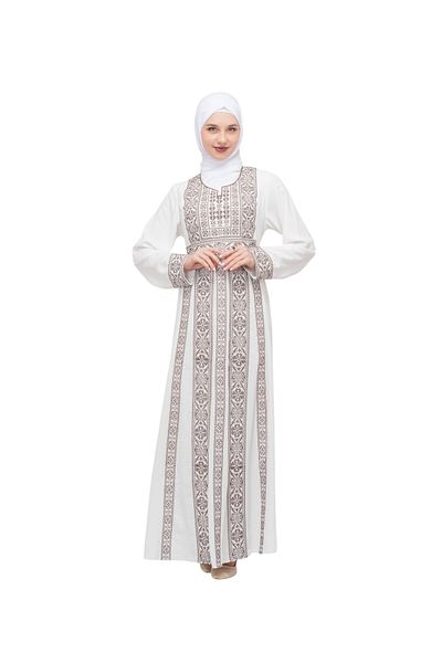Zaytoon Palestinian Traditional Embroidered Women's White Dress C 100002