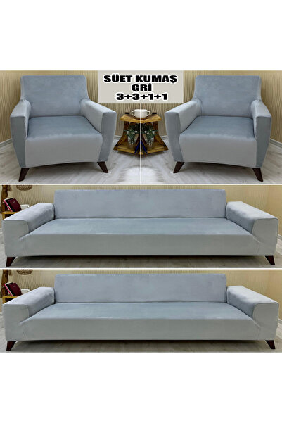 Home Süet Detaylı Angora Kumaş 2 Adet Üçlü & Çekyat- 2 Adet Tekli Set Koltuk Kılıfı