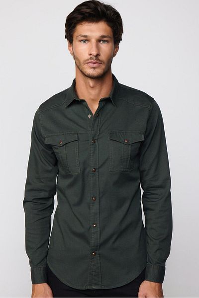 Tudors Slim Fit μακρυμάνικο αθλητικό πέτο που πλένεται με διπλή τσέπη Dobby τζιν τζιν Ανδρικό πουκάμισο χακί