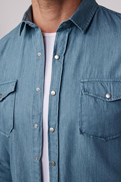 Tudors Slim Fit Uzun Kollu Çift Cep Çıtçıtlı Denim Kot Petrol Rengi Erkek Gömlek