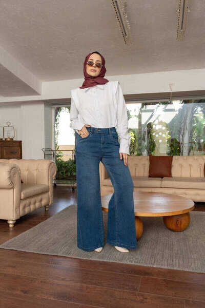 Neways 1067-Denim Bol Paça Pantolon Koyu Mavi