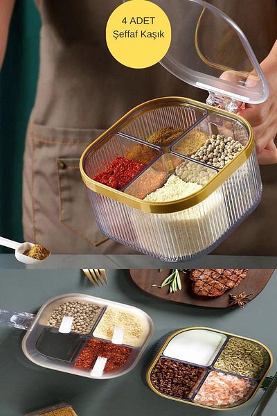 Bayev Table Top Spice Rack with 4 Spoons and Lid 4 Compartments Spice Box (Suitable for Restaurant and Cafe Use)