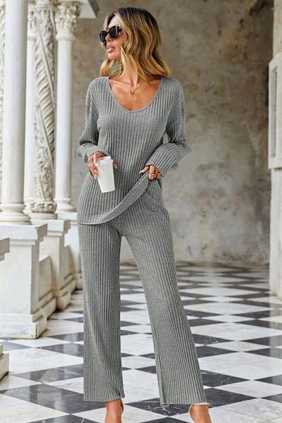 Mossta Gray V-Neck Blouse and Ribbed Pants Camisole Set