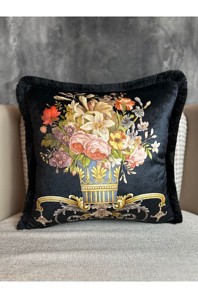 Fabricland Husă de pernă din catifea de mătase importată cu model damasc cu ciucuri de culoare neagră (MODEL DUBĂL)