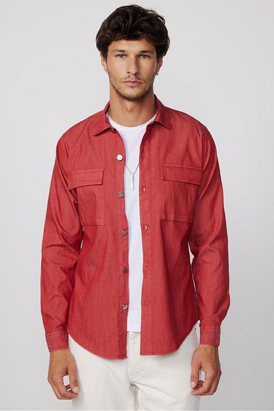 Tudors Slim Fit Long Sleeve Denim Piece Painted Double Pocket Flap Metal Button Men's Red Shirt