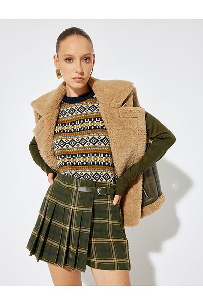 Koton X Sima Tarkan - Plaid Double Breasted Pleated Mini Shorts Skirt with Half Belt Detail