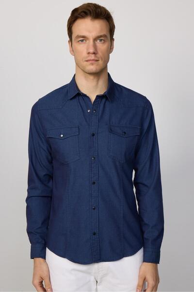 Tudors Slim Fit Uzun Kollu Gündelik Denim Kot Lacivert Erkek Gömlek