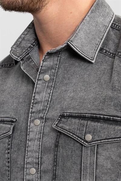 Tudors Slim Fit Uzun Kollu Dar Kesim Gündelik Denim Kot Erkek Gri Gömlek