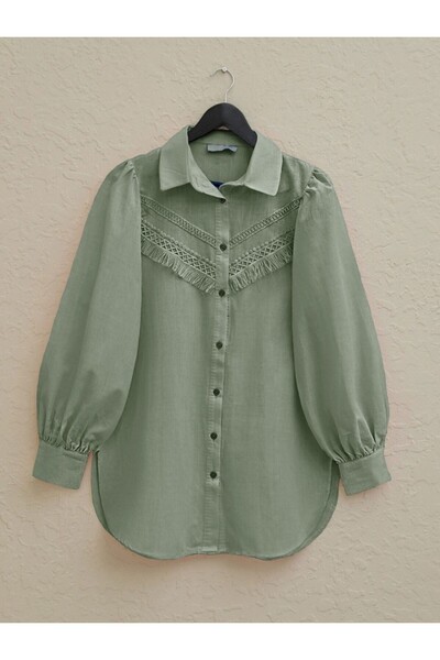 Modamorfo Guipure Tasseled Raw Linen Balloon Sleeve Shirt -Çağla Y.