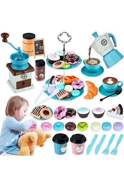 fulina Pretend Afternoon Tea Party Set, 38 Pcs Play Food Playset Kitchen Toys Set Coffee Maker and Play Des