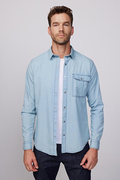 Tudors Slim Fit Uzun Kollu Çıt Çıtlı Tek Cep Kapaklı Denim Kot Mavi Erkek Gömlek