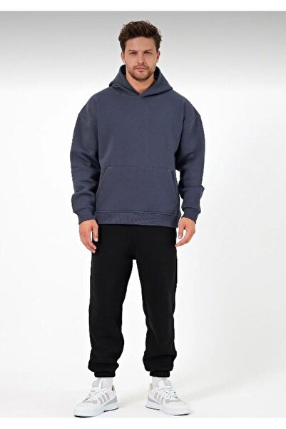 THE WHITE Erkek Kapüşonlu Lacivert Şardonlu Kanguru Cep Sweatshirt