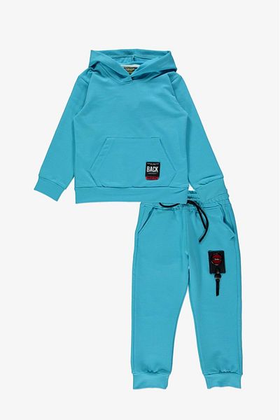 Mnk Baby&Kids Back Armalı Kangaroo Pocket Hooded Children's Tracksuit MNK0509 TURQUOISE