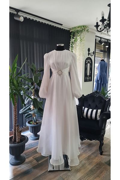 makbuleofficial Ekrubeyaz Color Organza Fabric, Balloon Sleeves, Lace-Up, Promise Engagement Promise Evening Dresses for Wedding