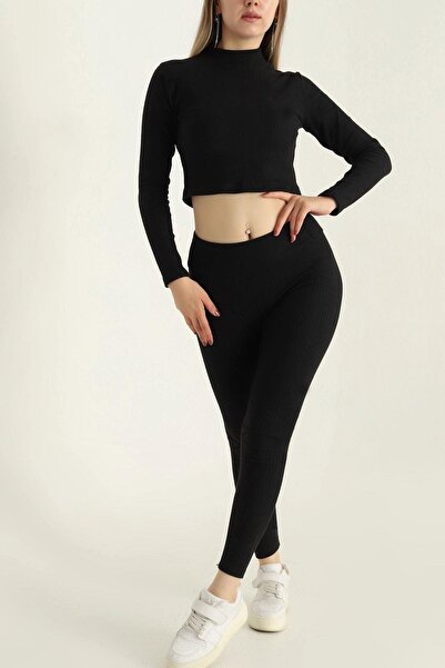 Mossta Black Raised Ribbed Double Leggings Set