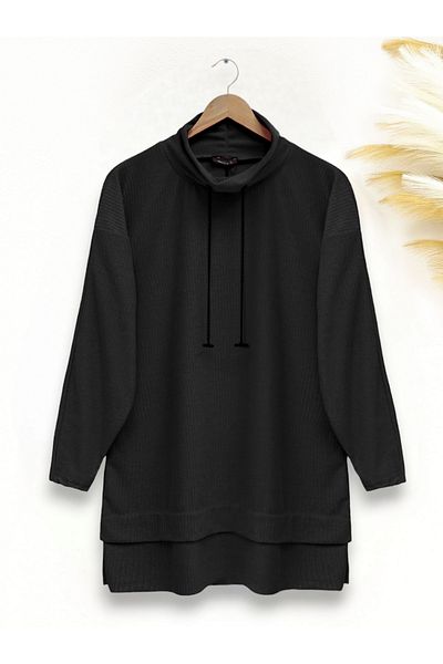 Modamorfo Black Shawl Collar Chain Detailed Towel Tunic