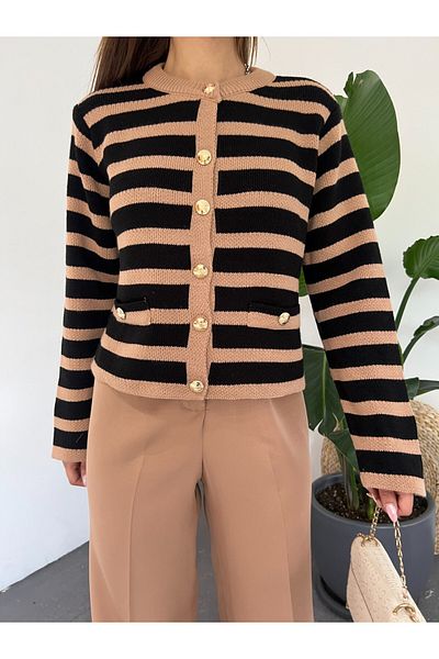 Modamorfo Round Neck Striped Pocket Detailed Cardigan - Tan
