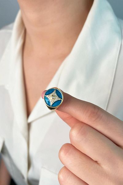 Sose Moda Zircon Stone Round Knight Ring - Blue