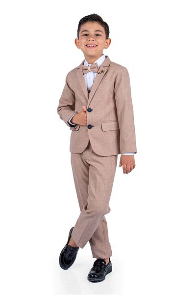 Mnk Baby&Kids Beige Colored Suit - Brooch, Groom's Suit Jacket, Vest and Shirt Detail Mnk0511